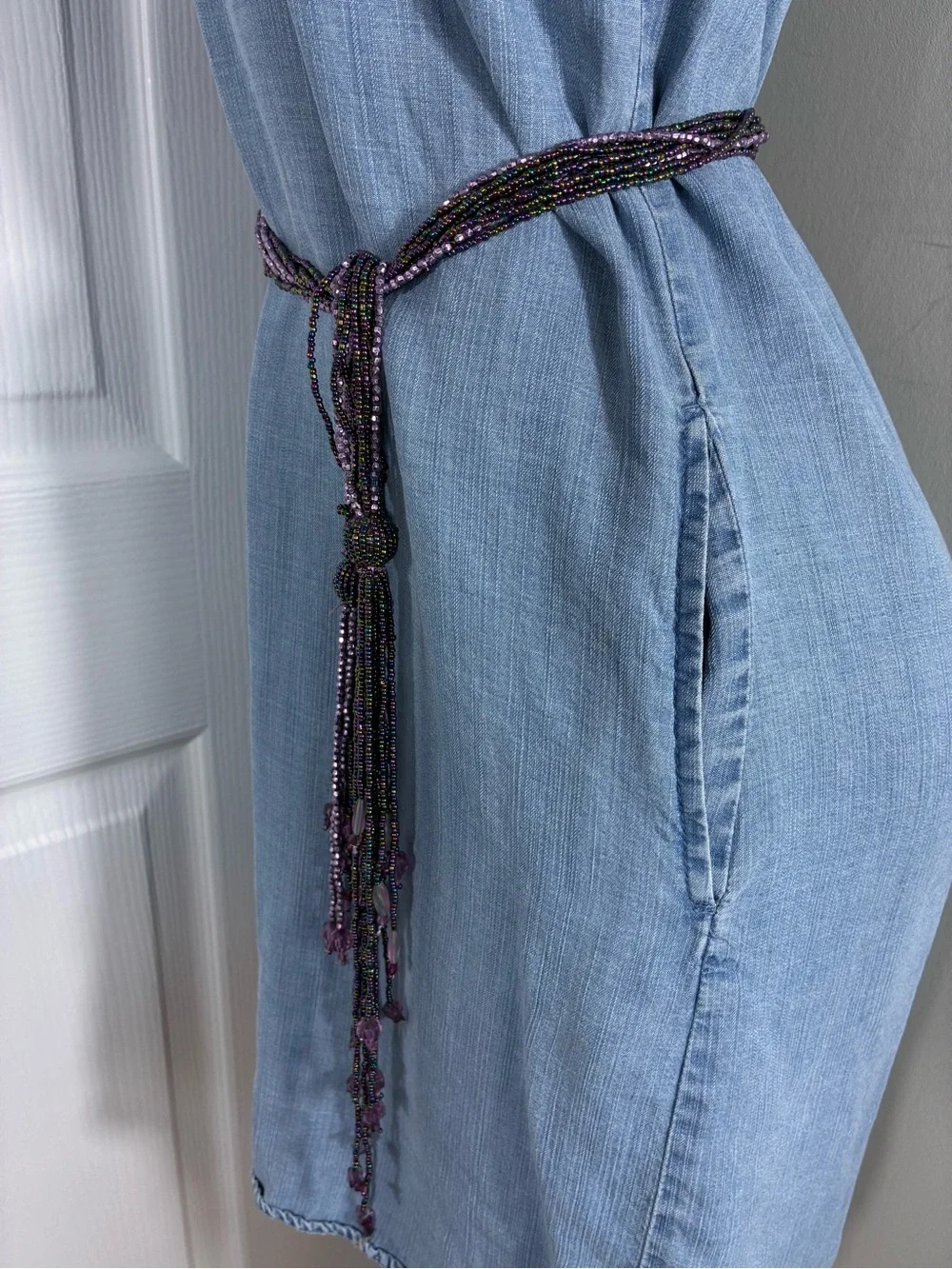 Womens belt beaded 35” plus tassels Purple/black Multi-Strand Waist Belt